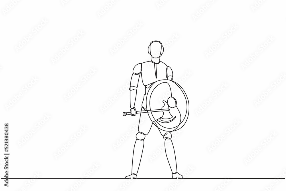 Poster single continuous line drawing robots standing holding axe and shield. modern robotics artificial in