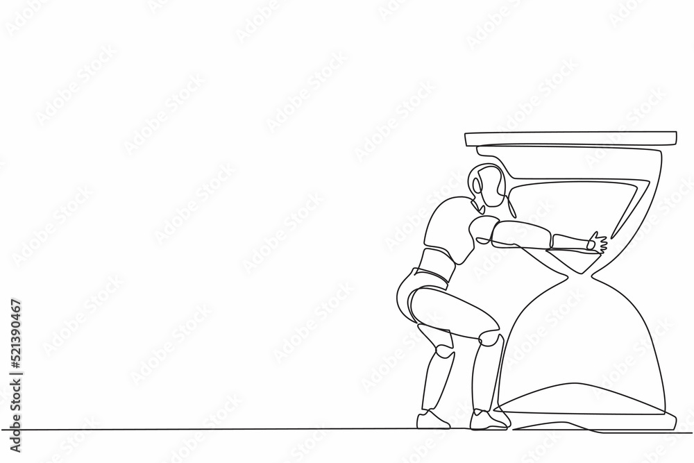 Poster single continuous line drawing robots hugging huge hourglass. modern robotics artificial intelligenc