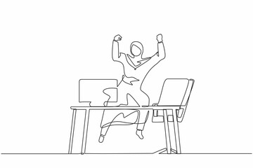 Single one line drawing happy Arab businesswoman jump with raised hands on her workplace. Female manager celebrating success of increasing company product sales. Continuous line design graphic vector