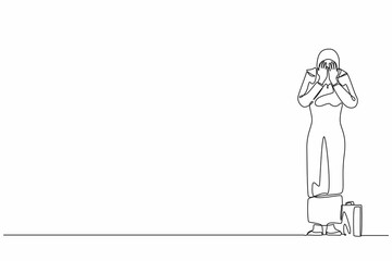 Single continuous line drawing Arab businesswoman cover her face by hands and crying. Depression disorder, sad, sorrow, disappointment. Psychological therapy, treatment. One line graphic design vector