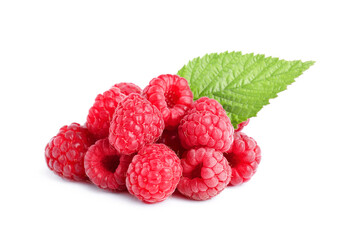 Fresh ripe raspberries with green leaf on white background