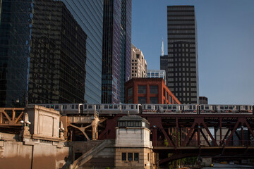 Lake Street Bridge with the Loop elevated rail by some of the Chicago skyscrapers 