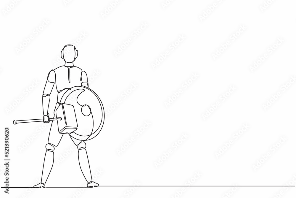 Poster single one line drawing robot standing holding hammer and shield. future technology development. art