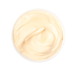 Tasty mayonnaise in bowl isolated on white, top view