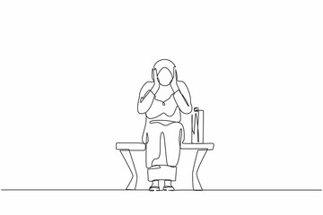 Single one line drawing sad Arabian businesswoman, depression. Lonely woman sitting on park bench. Young female character holding her head. Failure concept. Continuous line draw design vector graphic