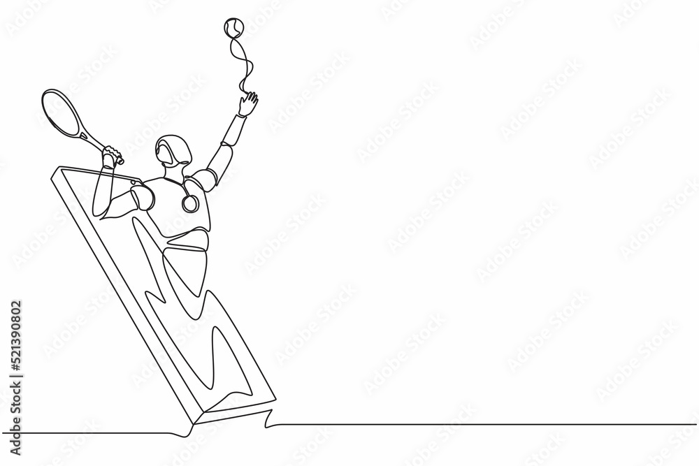 Poster single one line drawing robot come out from cellular phone and serve tennis ball with racket. future
