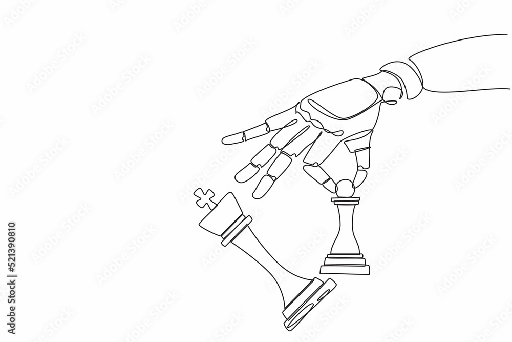 Poster continuous one line drawing robot hand holding chess pawn to take down chess king. checkmate. humano