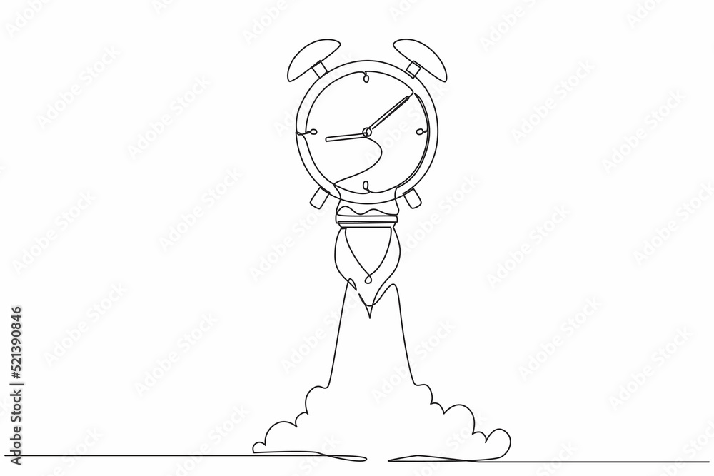 Poster single one line drawing rocket launch with big alarm clock. future technology development. artificia