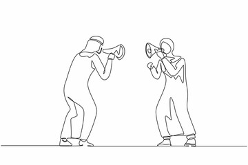 Continuous one line drawing Arab man and woman hold loudspeakers scream at each other engaged in family fight. Stubborn angry husband and wife yell shout in megaphones. Single line draw design vector