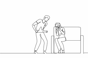 Single continuous line drawing man abusing woman. Young couple quarrel, guy screaming and girl crying sitting on sofa. Family violence. Emotional person arguing. One line draw graphic design vector