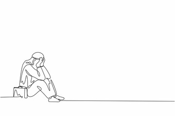 Obraz na płótnie Canvas Single continuous line drawing Arabian businessman feeling sad and depression sitting on the floor. Office worker feeling blue, stress, sad. Depression for young people. One line graphic design vector