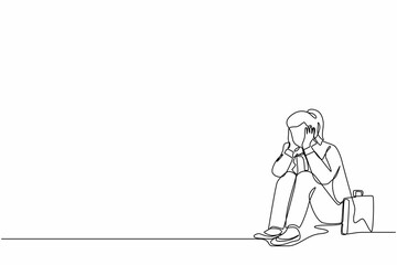 Fototapeta na wymiar Single continuous line drawing sad businesswoman cover her face by hands and sitting on the floor. Depression disorder, sad, sorrow, disappointment symptom. One line draw design vector illustration
