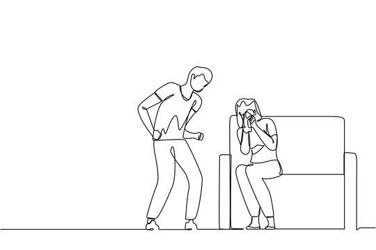 Single continuous line drawing man abusing woman. Young couple quarrel, guy screaming and girl crying sitting on sofa. Family violence. Emotional person arguing. One line draw graphic design vector