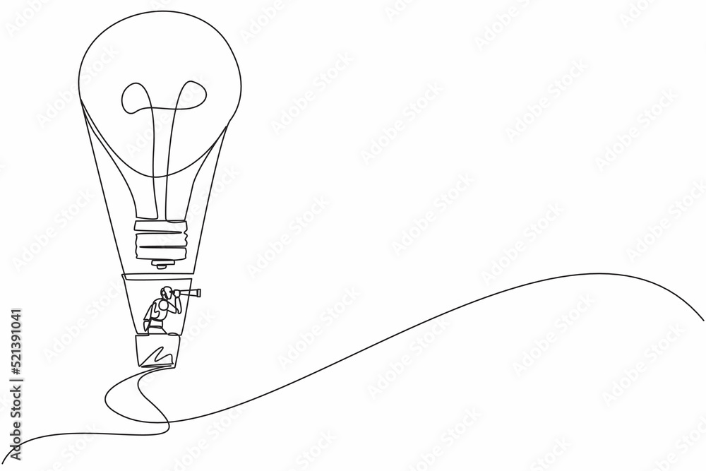 Poster continuous one line drawing robots using monocular, flying with hot air balloon lightbulb. humanoid 