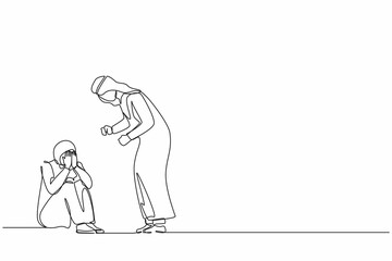 Continuous one line drawing scared Arab female afraid of husband, domestic violence. Man beating wife, quarreling couple. Emotional personages arguing. Single line design vector graphic illustration