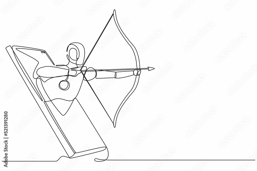 Poster continuous one line drawing robots come out from cellular phone holding bow and arrow aiming to shoo