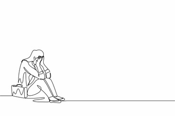 Fototapeta na wymiar Single continuous line drawing businesswoman feeling sad and depression sitting on the floor. Office worker feeling blue, stress, sad. Depression for young people. One line draw graphic design vector