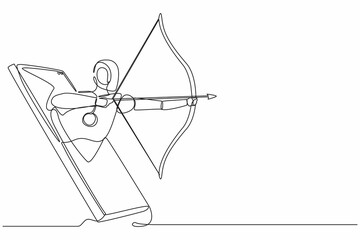 Continuous one line drawing robots come out from cellular phone holding bow and arrow aiming to shoot. Humanoid robot cybernetic organism. Future robotics development. Single line draw design vector