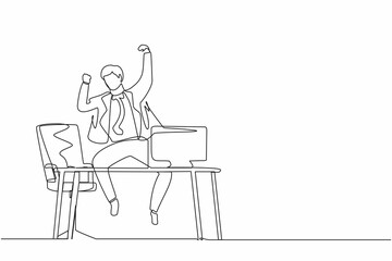 Single one line drawing happy businessman jump with raised hands on the his workplace. Male manager celebrating success of increasing company product sales. Continuous line draw design graphic vector