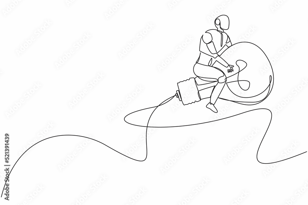 Poster continuous one line drawing robots riding light bulb rockets. modern robotics artificial intelligenc