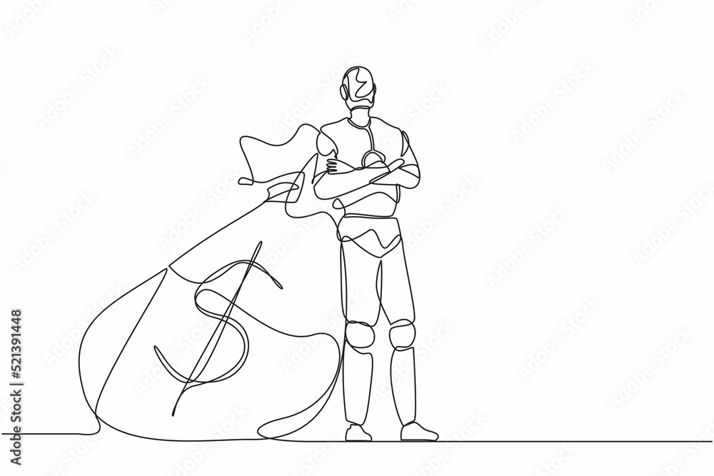 Poster single continuous line drawing robots lean on full cash money bag. modern robotics artificial intell