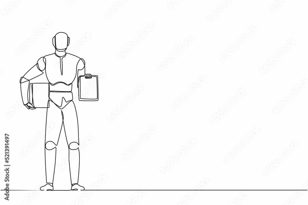Poster single continuous line drawing robot holding boxes and clipboard with documents. modern robotics art