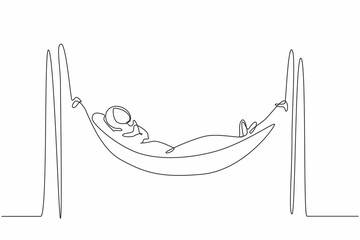 Single continuous line drawing Arab businesswoman is lying in hammock and dreaming about big money. Comfort and recreation. Achieve financial freedom. One line draw graphic design vector illustration