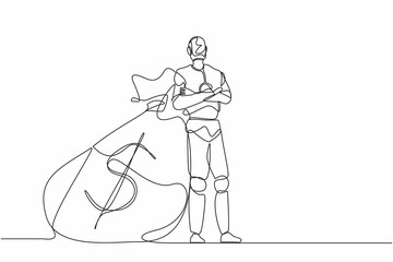 Fototapeta na wymiar Single continuous line drawing robots lean on full cash money bag. Modern robotics artificial intelligence technology. Electronic technology industry. One line draw graphic design vector illustration