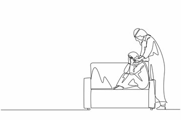 Continuous one line drawing Arab man giving support and comfort to depressed crying woman, touching shoulders, helping to go through stress and anxiety. Empathy. Single line draw design vector graphic