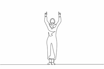 Single one line drawing happy Arab businesswoman standing and both hands pointing with index fingers. Saleswoman celebrate salary increase from company. Continuous line draw design vector illustration