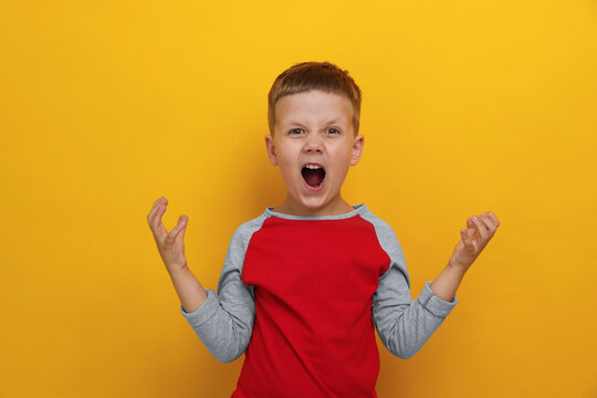 Angry little boy screaming on yellow background. Aggressive behavior