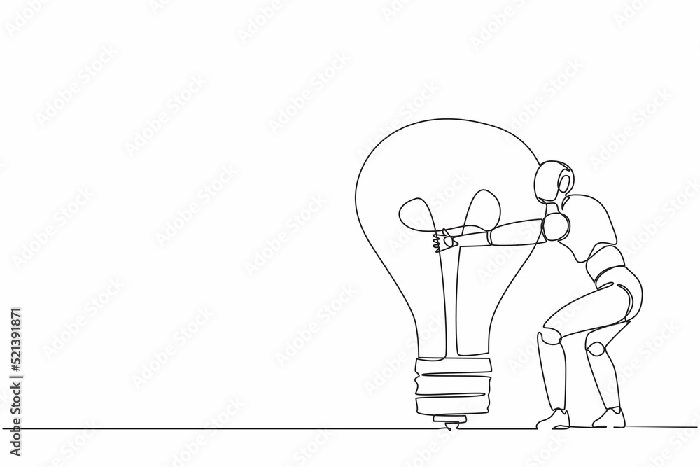 Poster single continuous line drawing robots hugging huge light bulb. modern robotics artificial intelligen