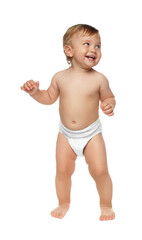 Cute baby in diaper learning to walk on white background