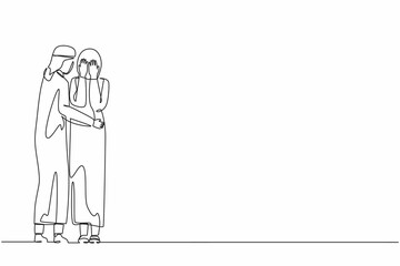 Single continuous line drawing Arabian man comforting her crying best friend. Depressed woman covering face with hands, her husband consoling, care about her. Help support. One line draw design vector
