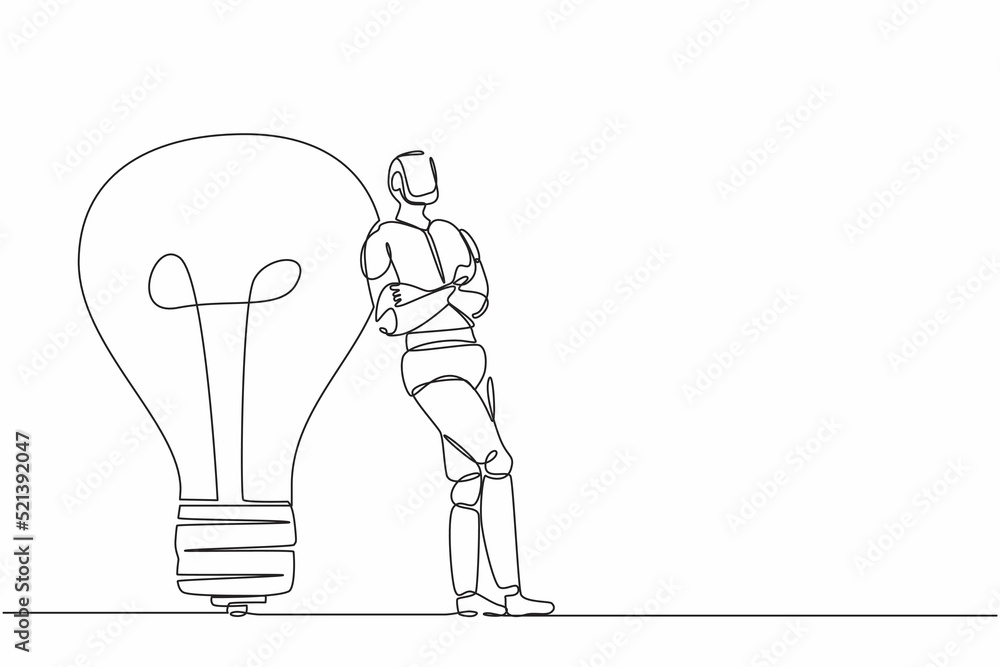 Poster single one line drawing robot lean on giant light bulb. future technology development. artificial in