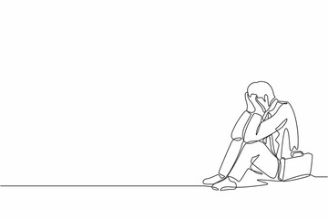 Fototapeta na wymiar Single one line drawing businessman feeling sad and depression sitting on the floor. Office worker feeling blue, stress, sad. Depression for young people concept. Continuous line graphic design vector