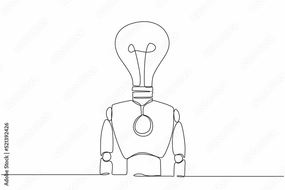 Poster single one line drawing robot with light bulb instead of head. future technology development. artifi