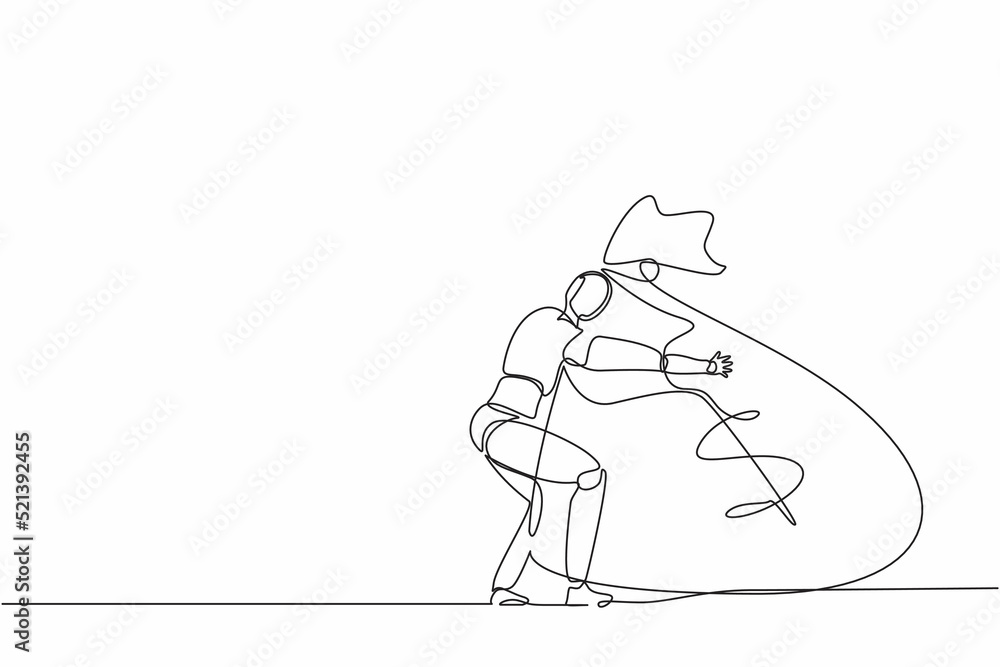 Poster continuous one line drawing robots hugging huge bag full cash of money. humanoid robot cybernetic or