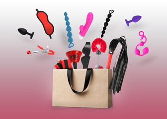 DIfferent sex toys and accessories falling into paper shopping bag on color background - obrazy, fototapety, plakaty