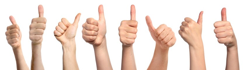 Collage with photos of people showing thumbs up gestures on white background. Banner design