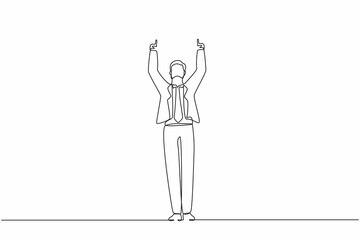 Single continuous line drawing happy businessman standing and both hands pointing with index fingers. Salesman celebrates salary increase from company. One line draw graphic design vector illustration