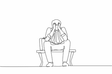 Single continuous line drawing sad businessman, depression. Lonely man sitting on park bench. Young male character holding his head. Failure concept. One line draw graphic design vector illustration