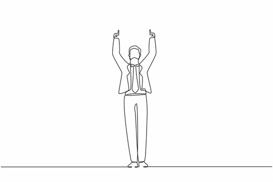 Single continuous line drawing happy businessman standing and both hands pointing with index fingers. Salesman celebrates salary increase from company. One line draw graphic design vector illustration