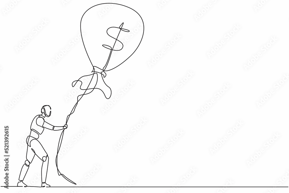 Poster continuous one line drawing robots holding flying money bag dollar balloon with rope. humanoid robot