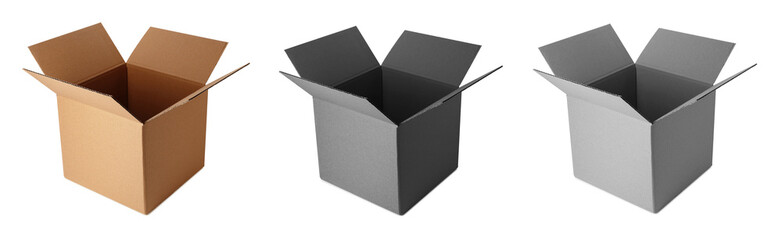 Set of open cardboard boxes on white background. Banner design