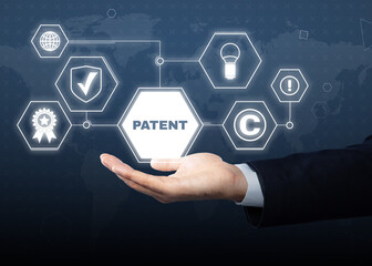 Patent concept. Different virtual icons and man on color background, closeup