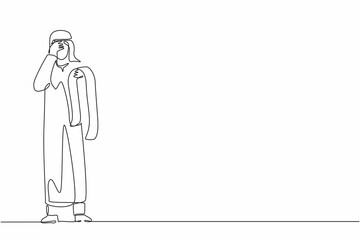 Continuous one line drawing financial problems and bankruptcy. Sad depressed Arabian businessman standing thinking about finding money for paying bills during crisis. Single line graphic design vector