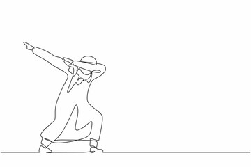 Continuous one line drawing happy Arabian businessman standing with crossing arms and look down. Salesman celebrates salary increase from company. Single line draw design vector graphic illustration