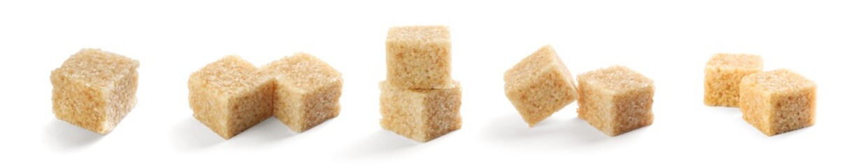 Set with cubes of brown sugar on white background. Banner design