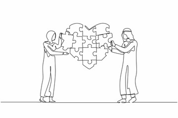 Single continuous line drawing Arab loving couple standing and forming huge heart puzzle from pieces together. Love togetherness and romance concept. One line draw graphic design vector illustration
